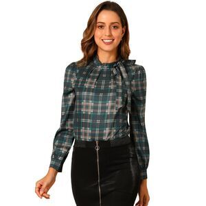 Bow-Tie Neck Blouse Checks Shirt Tops Dark Green